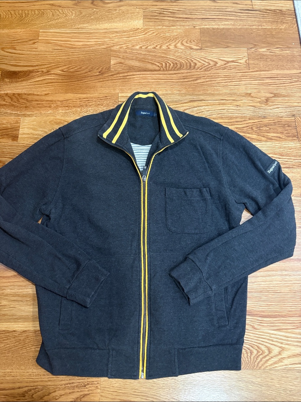 Zegna Sport Men's dark charcoal Zip-Up cotton cardigan Yellow Trim luxury Italy